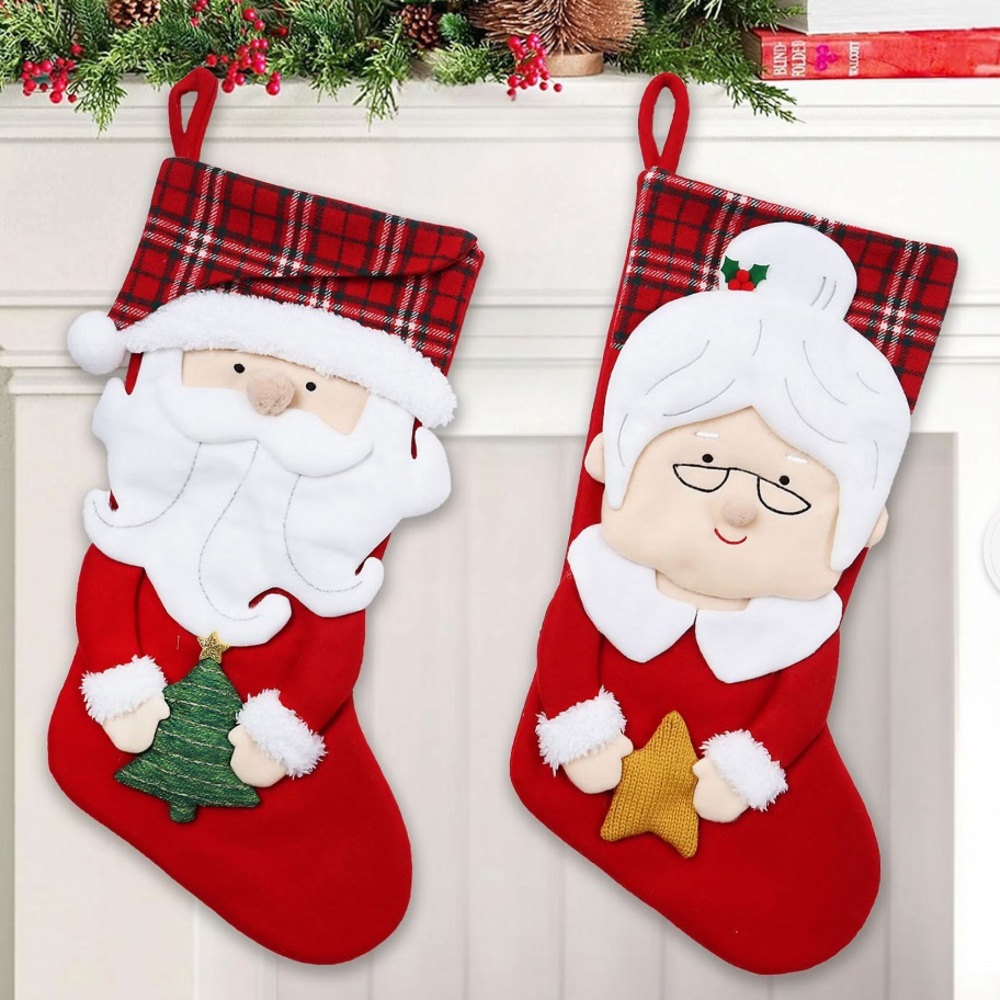Berkley Jensen Large Mr. & Mrs. Claus Christmas Holiday Santa Stocking Set NWT